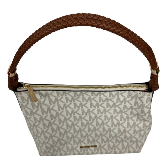 MICHAEL KORS Women’s Satchel Logo Purse Brown & Cream 14.5”x10” Braided Handle - Picture 4 of 14